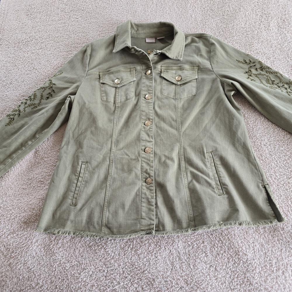 Chico's Sage Green Embroidered Jacket Floral Boho Utility Trucker Frayed Hem XL - Picture 9 of 16